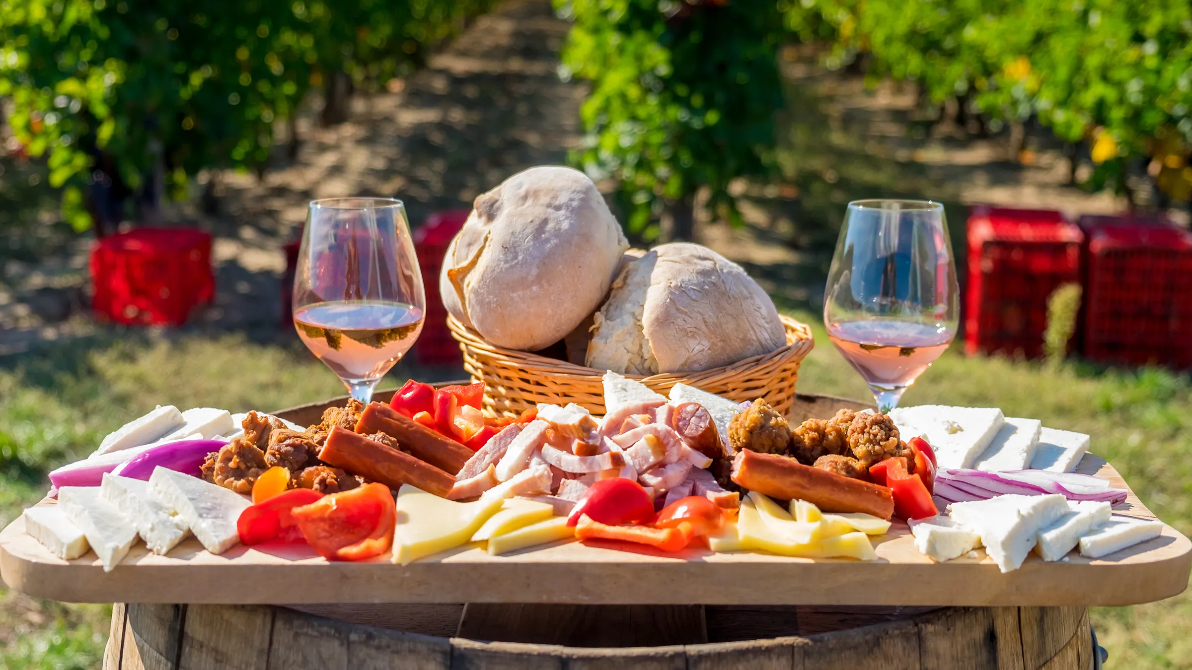 Harvesting season traditional Romanian food plate with cheese, bread, sausages, onions and red wine in glass in vineyards